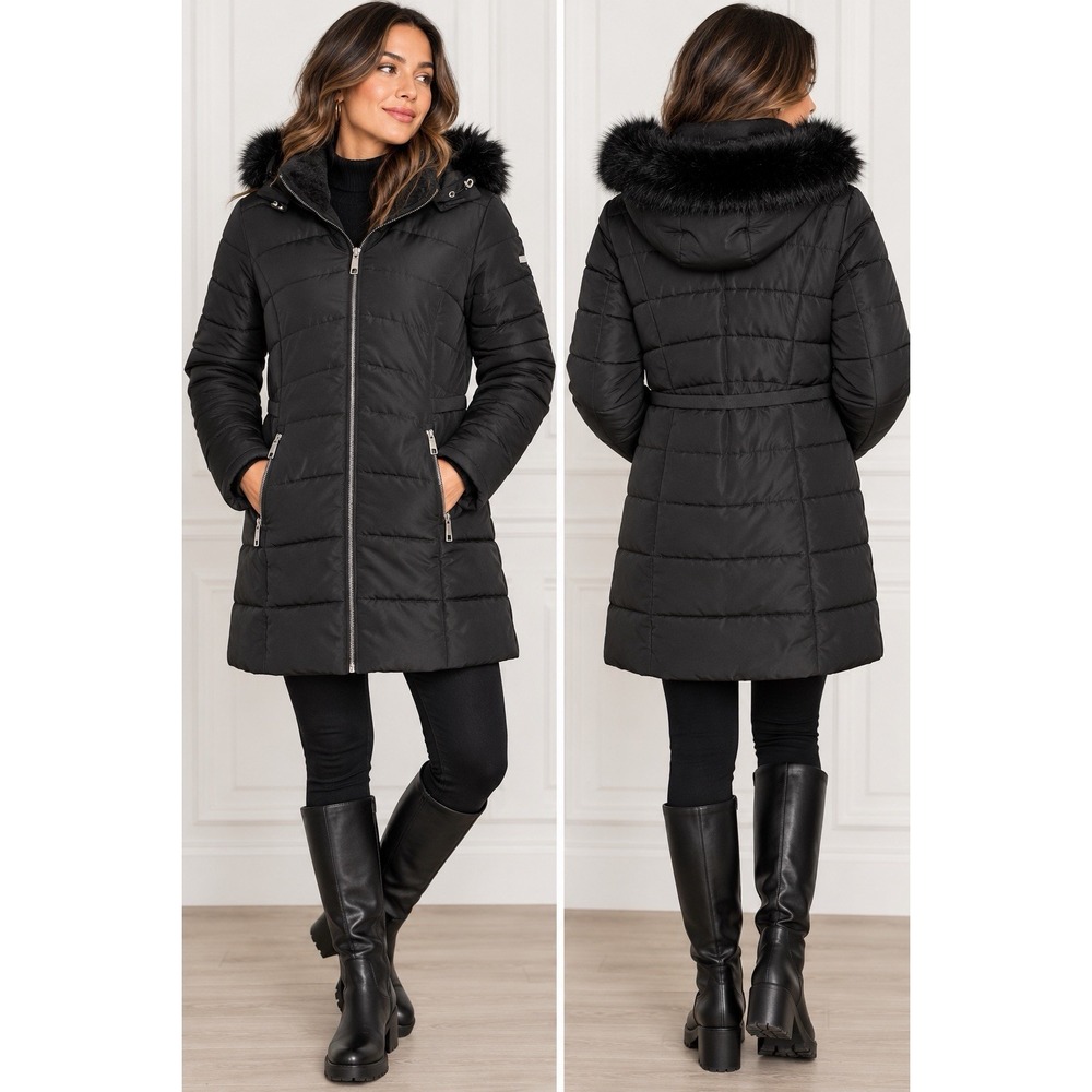 Laundry by Shelli Segal Womens Black Faux Fur Trim Hooded Puffer Coat Large